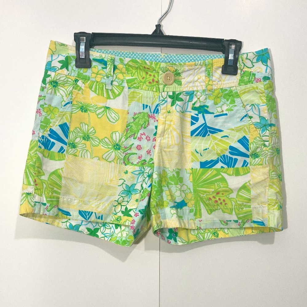 Lilly Pulitzer Women's Yellow Green Multi Floral Chino Shorts 4 pockets Size 2